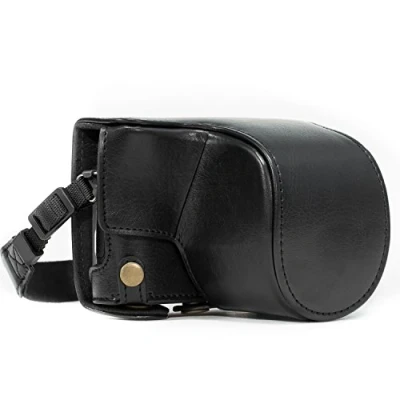 Afbeelding van MegaGear Panasonic Lumix DC GX850, GF9 12 32 mm objectief, GX800, DMC GF8, GF7 Ever Ready lederen camera case met draagriem en batterijtoevoer zwart MG1140