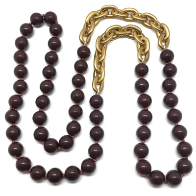 Afbeelding van Behave ketting lange kralenketting schakels bordeaux bruin goud kleur 110 cm