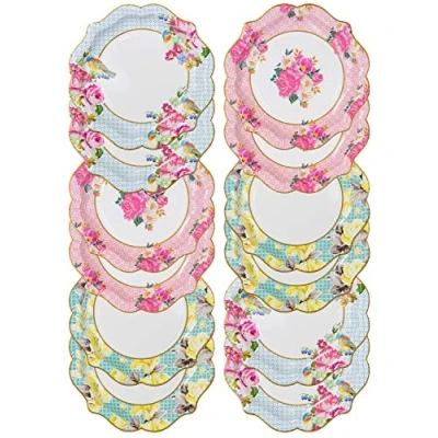 Afbeelding van Set van 12 kleine vintage bloemen papieren borden meerkleurig, geschulpte rand Echt heerlijk Wegwerpservies voor verjaardag of tuinfeest, afternoontea, babyshower, bruiloft