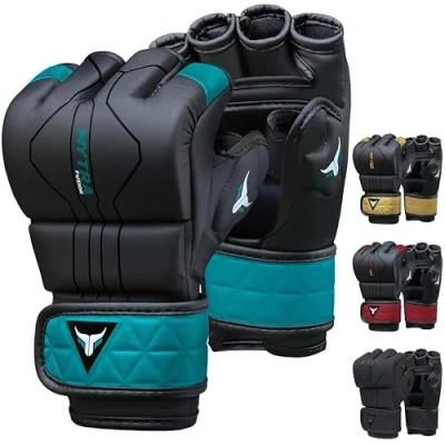 Afbeelding van Mytra Fusion MMA handschoenen met open geventileerde palm sparring kickboksen, grappling, training, kooi vechtende gemengde vechtsporten (Black/Turquoise, M)