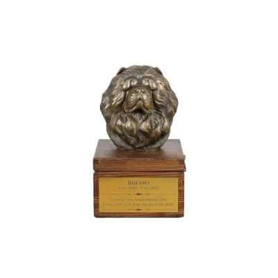 Afbeelding van Art Dog handgemaakte aangepaste hondenherdenkingsurn koudgegoten bronzen hondenkop op berkenbasis langdurige hondencrematiedoos 16x28x16cm Chow
