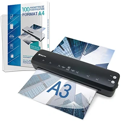 Afbeelding van Lamineerapparaat, A3, A4, A5, A6, A7, Pro, ultrasnel, warm en koud, tot 2 x 150 micron, instelbare temperatuur voor intensief professioneel gebruik, verpakking met 100 A4 hoezen