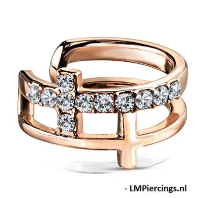 Afbeelding van Fake piercing double cross CZ paved gold plated rose kleur