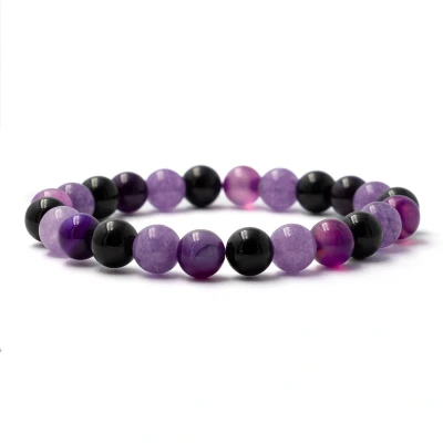 Afbeelding van Bixorp Gems Amethist + Heide Agaat Onyx Edelstenen Armband 8mm / 18cm Om &amp; Edelsteen Kralenarmband