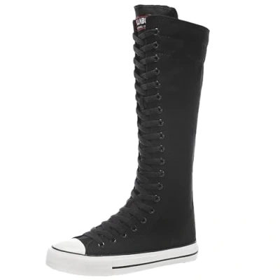 Afbeelding van ANUFER Meisje Dames Knie Hoog Canvas Laarzen Vetersluiting Ritssluiting Vlak Sportschoenen Zwart F888 EU42