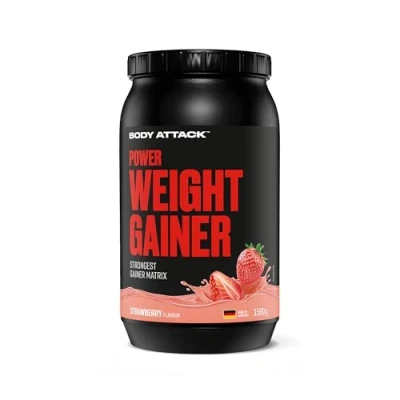Afbeelding van Body Attack Power Weight Gainer, Strawberry, 1.5 kg, 100% massabouw, koolhydraat eiwitpoeder om spieren op te bouwen met Wei eiwit, ideaal voor hardgainers.