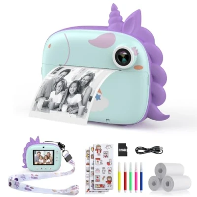 Afbeelding van HiMont Kindercamera, instant camera, digitale camera voor kinderen met printpapier en 32G TF kaart, videocamera gekleurde pennen fotoklemmen om te knutselen, cadeau van 3 14 jaar (groen)