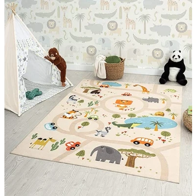 Afbeelding van the carpet Happy Life Kinderkamer, kindertapijt, speeltapijt, wasbaar, wegtapijt, wegen, jungle, dieren, auto, Beige, 120 x 160 cm