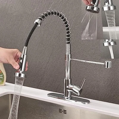 Afbeelding van SkyPanda Keukenkraan, chroom, zilver, mengkraan, wastafelkraan, 360 graden draaibaar, stevig koper materiaal, 3 sproeimodi pull down kraan, chroom
