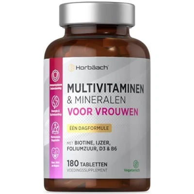Afbeelding van Multivitamin Vrouwen met Vitamine D3, Biotine, B6, Foliumzuur, Ijzer en meer! 6 maanden voorraad 180 Tabletten 100% Natuurlijk Vegetarisch Horbaach