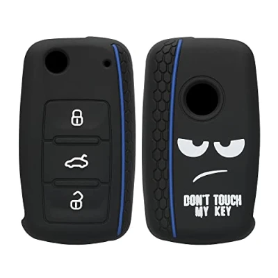 Afbeelding van kwmobile Autosleutel hoesje geschikt voor VW Skoda Seat 3 knops behuizing in wit / zwart blauw Don&#039;t Touch My Key design