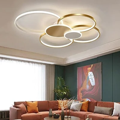 Afbeelding van LED Plafondlamp Moderne Ring Dimbare Woonkamerlamp Met Afstandsbediening Acryl Lampenkap Creatieve Kroonluchter Voor Slaapkamer Eetkamer Keuken Kantoorverlichting,Goud,100cm