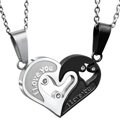 Afbeelding van Hartjes Ketting Set voor Hem en Haar I Love You Zilver / Zwart kleurig Romantisch Liefdes Cadeau Relatie Koppel Mannen Cadeautjes Man