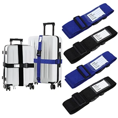 Afbeelding van AiQInu Kofferriem, kofferband, 4 stuks, verstelbare riem met naamplaatjes en adres, bagageriem, bagageriem voor koffer, rugzak, reisaccessoires