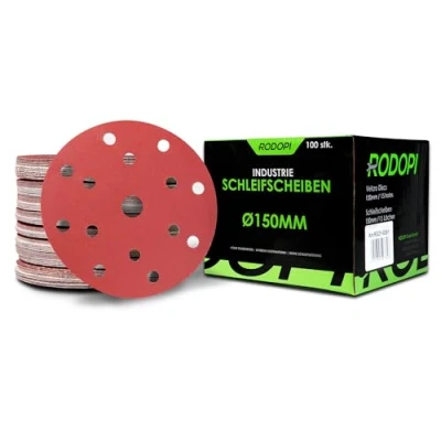 Afbeelding van RODOPI RedDevil Schuurpapier, 150 mm, klittenband, schuurschijven met 15 gaten, schuurpads voor excentrische schuurmachine, klittenbandschijf, zirkonium, korund korrel 40 320, 50 stuks K180
