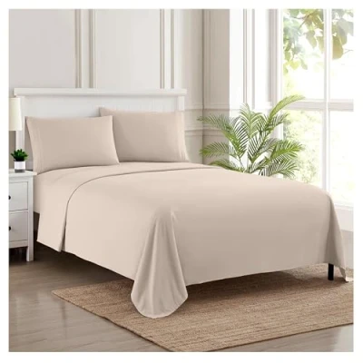Afbeelding van Sweet Home Collection Luxe beddengoedset met plat, hoeslaken, 2 kussenslopen, microvezel, beige, kingsize