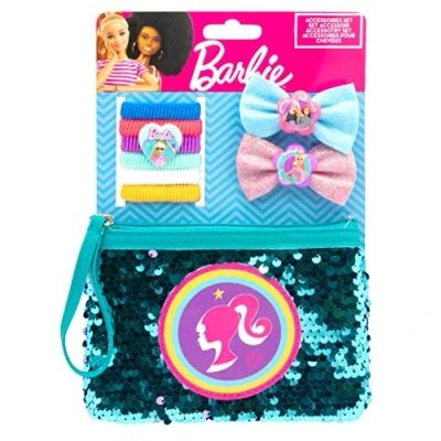 Afbeelding van Joy Toy Barbie set met 6 vlechthouders, 2 haarspelden glittermazen en magische pailletten beautytasje op bakkerkaart 14,5 x 21 cm