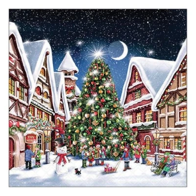 Afbeelding van 20 servetten Kerstmis grote kerstboom in het dorp als tafeldecoratie. Papieren met motief. Ook voor decoupage en servettentechniek 33x33cm