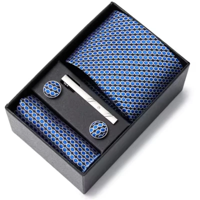 Afbeelding van Actie4you® Luxe Stropdas Set Met Manchetknopen en Pochet Dasspeld Geschenkdoos 4 Delig Blauw Rondjes