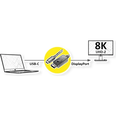 Afbeelding van ROLINE USB type C DisplayPort adapterkabel, v1.4, M/M, 2 m