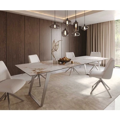 Afbeelding van DELIFE Eetkamertafel Edge 300x100 keramiek Minas Melange wit beige RVS schuin