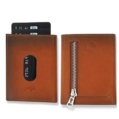 Afbeelding van Solo Pelle Slim Wallet met muntvak [12 kaarten] Slimwallet Riga [RFID bescherming] kaarthouder [leer] Smart voor mannen en vrouwen, bruin (cognac), One Size, creditcardhoes