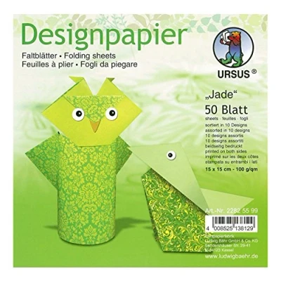 Afbeelding van Ursus 22825599 Designpapier Jade, 50 vellen in 10 verschillende motieven, ca. 15 x cm, 100 g/m², aan beide zijden bedrukt, ideaal voor het vouwen van creatieve origami dieren