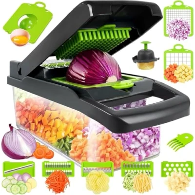 Afbeelding van 16 in 1 groentesnijder, mandoline, groenteschaaf, dicer, kubussnijder met 7 verwisselbare messen, voor het schaven van fruit, groenten, wortels,