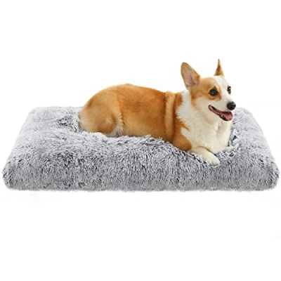 Afbeelding van FEANDREA Hondenbed, hondenkussen, donzige hondenmat, lang pluche, 95 x 60 cm, zachte vulling, machinewasbaar, hondenmand, multifunctioneel, draagbaar, lichtgrijs PGW202G01