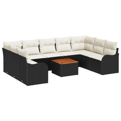 Afbeelding van vidaXL 10 delige tuinsofa set met kussens zwart poly rattan acacia