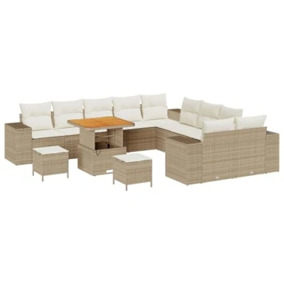 Afbeelding van vidaXL 13 delige Tuin Sofa Set met Kussens Beige Poly Rattan Acacia, 3 Eettafel Acacia