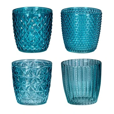 Afbeelding van levandeo Set van 4 windlicht H7,5 cm glas turquoise theelichthouders tafeldecoratie kaarsen retro decoratieve kaars transparante kaarsenhouder decoratie