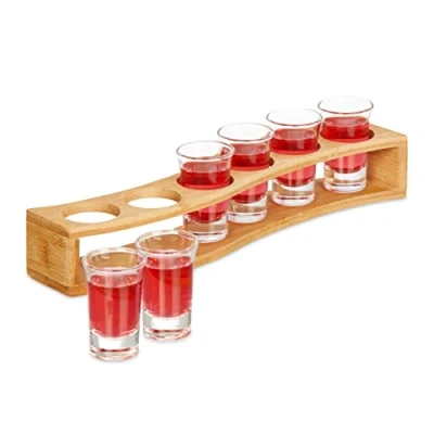 Afbeelding van Relaxdays shotglaasjes met houder, set van 6, herbruikbare borrelglaasjes, schnaps glazen, 4 cl, glas en bamboe, natuur