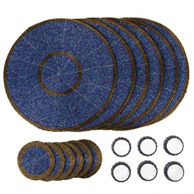 Afbeelding van Penguin Home® Set van 18 glazen kralen Placemats, Onderzetters en servetringen Blauw Antiek Goud Kleur Ronde Placemats Handgemaakt door bekwame Indiase ambachtslieden Diameter 32 cm (13&quot;)