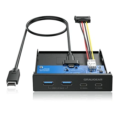 Afbeelding van GRAUGEAR GMP02, G MP02, 4 aansluitingen, 10 Gbit/s frontpaneel, 2 x USB C + A 3.2 Gen2 HUB, frontpaneel voor 3,5 inch schacht, Key 20 pins header, metaal
