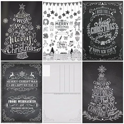Afbeelding van 50 kerstkaarten pakket CHALK x Mas: Nostalgische kerstpostwagens (5 ontwerpen 10 = kaarten) in zwart wit en retro/vintage stijl