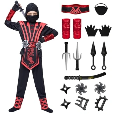 Afbeelding van Spooktacular Creations ninja kostuum voor kinderen, rood jongens en meisjes, Halloween, verkleedfeest, rollenspel, Medium (8 10 yrs)