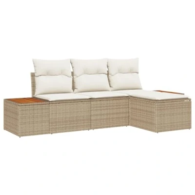 Afbeelding van vidaXL 4 delige Tuin Sofa Set met Kussens Beige Poly Rattan Acacia