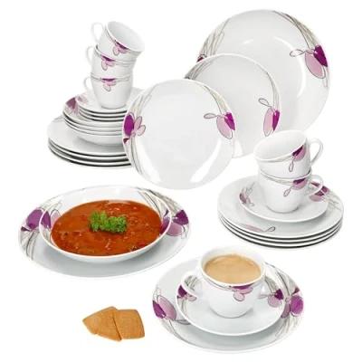 Afbeelding van MamboCat Viola 30 delig combiservies, porseleinen serviesset met bloemendecoratie voor 6 personen, x kopjes van 170 ml, schoteltjes, taartborden, soepborden en platte borden