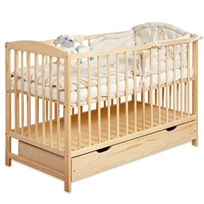 Afbeelding van moto MOLTICO Gitterbed Babybed 2in1 60x120 met lade Spijlen en lattenbodem In hoogte verstelbaar Om te bouwen tot juniorbed voor jongens meisjes Bruin
