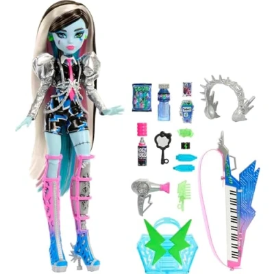 Afbeelding van Monster High pop, Amped Up Frankie Stein Rockster met instrument en accessoires in concertstijl, zoals hoofdtelefoon, HNF84