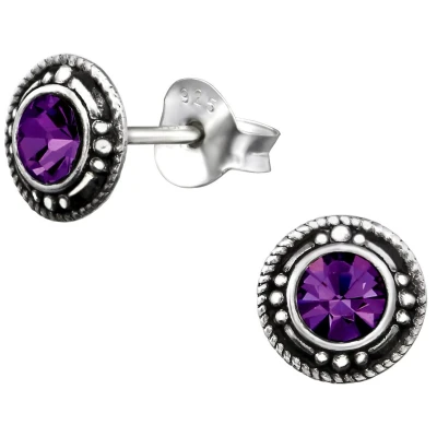 Afbeelding van JoyS Zilveren Bali classic oorbellen 7 mm paars kristal geoxideerd