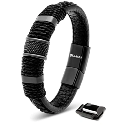 Afbeelding van SERASAR Lederen Herenpolsbandje [Ring] Zwart 17cm Geweldig Idee
