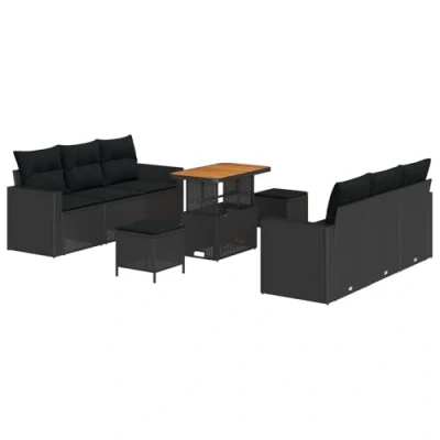 Afbeelding van vidaXL 9 delige Tuin Sofa Set met Kussens Zwart Poly Rattan Acacia, 3 Eetset Acacia