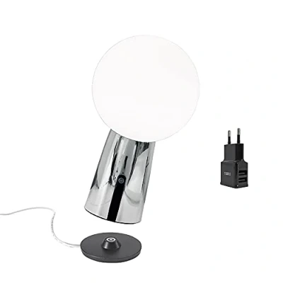 Afbeelding van Zafferano Olimpia Pro Oplaadbare tafellamp van aluminium met USB oplader, dimbaar led touchscreen, IP54 bescherming, 3000 K, voor binnen en buiten, contactlaadstation, H26 cm chroom