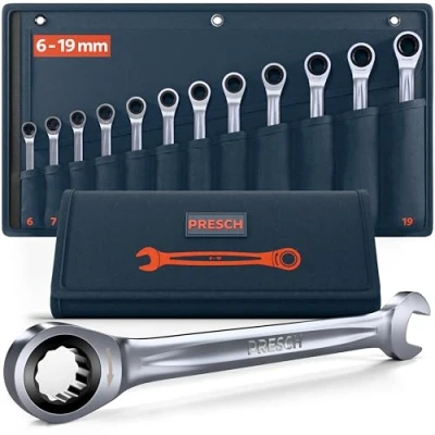 Afbeelding van Presch Ratelsleutelset 12 delig (6 19mm) incl. tas Minimale terughaalhoek (tot 4, 90 tanden) Nauwkeurig gefreesde, duurzame ringsleutels Steeksleutelset