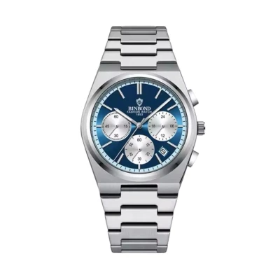 Afbeelding van Binbond Luxe Herenhorloge Mannen Zilveren Polsband Zilver en Blauw Doos
