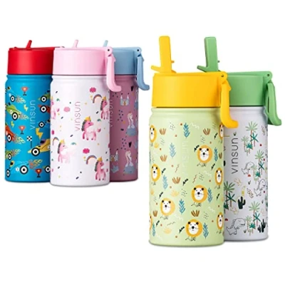 Afbeelding van Vinsun Drinkfles Kind met Rietje 350ml roestvrij staal, BPA vrij, lekvrij, dubbelwandig herbruikbare Waterfles leeuwen voor jongens en meisjes