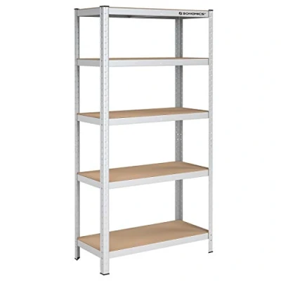 Afbeelding van SONGMICS zware plank, kelderplank, 40 x 90 180 cm, plank met stalen frame, draagvermogen tot 875 kg, 5 verstelbare planken, zilver GLR40SV