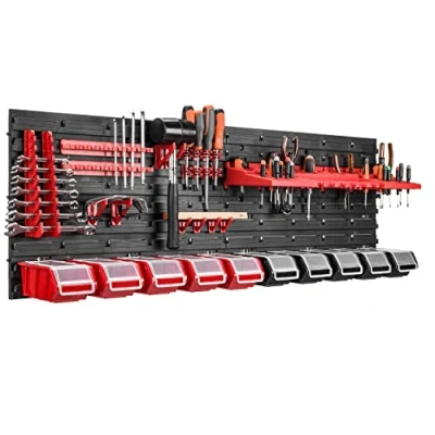 Afbeelding van Botle wandrek met 10 opbergbakken, 115 x 39 cm, deksels, gereedschapshouders, stapelboxen, werkplaats, werkbank